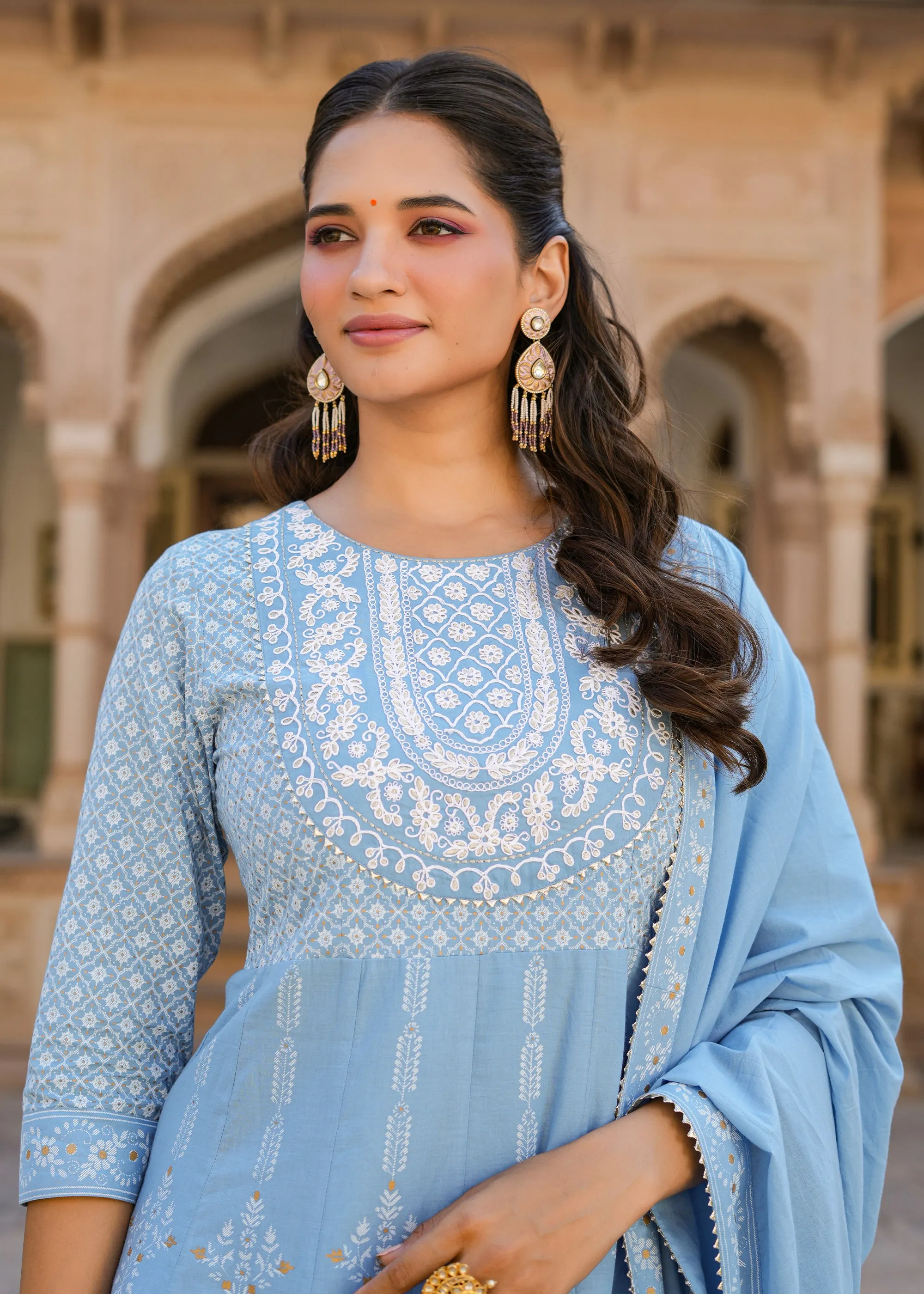 Lipika Powder Blue Printed Anarkali Suit set with Dupatta