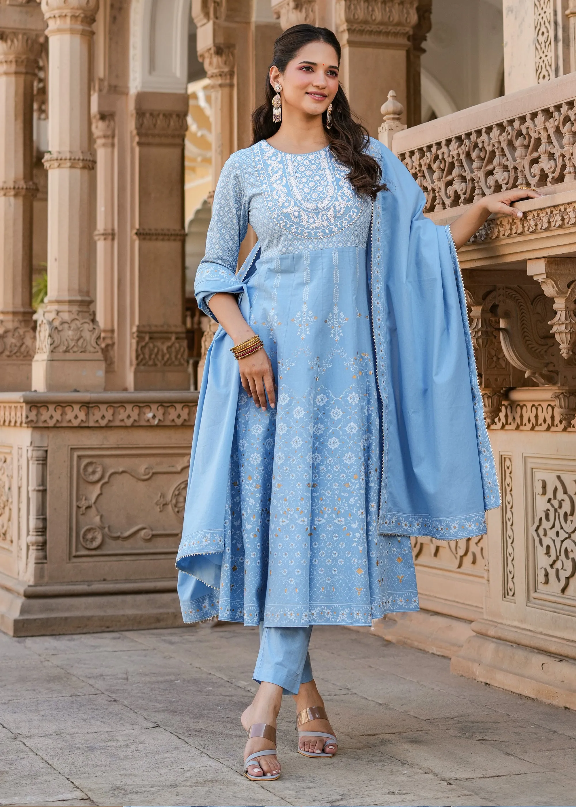 Lipika Powder Blue Printed Anarkali Suit set with Dupatta