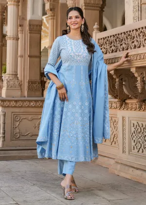 Lipika Powder Blue Printed Anarkali Suit set with Dupatta