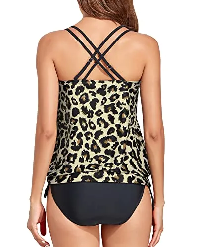 Loose Fitting Blouson Tankini Bathing Suits For Women-Black And Leopard