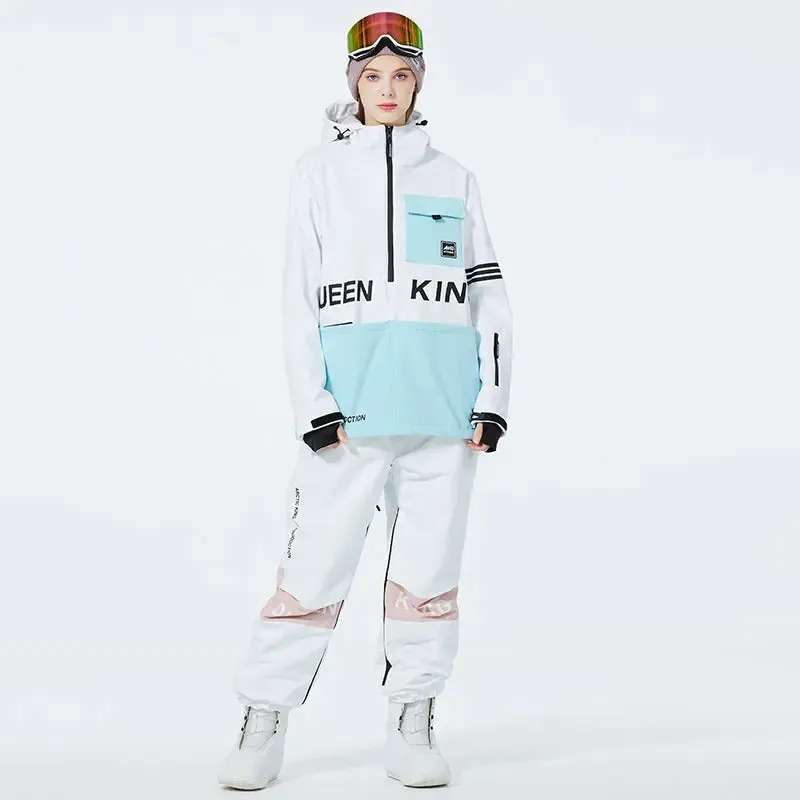 Matched Couple Half-zip Hooded Ski Jacket & Baggy Pants Set 