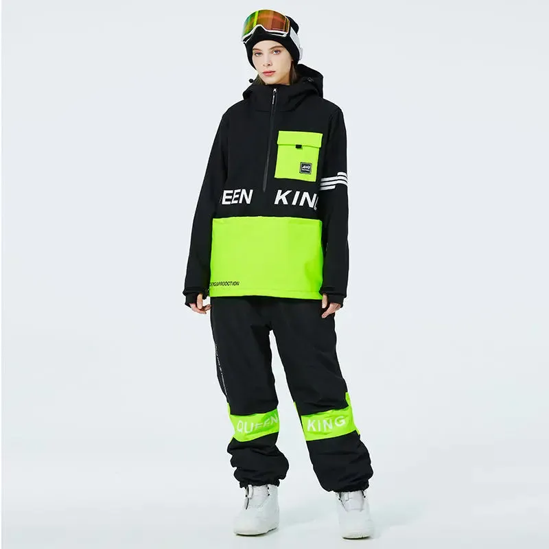 Matched Couple Half-zip Hooded Ski Jacket & Baggy Pants Set 