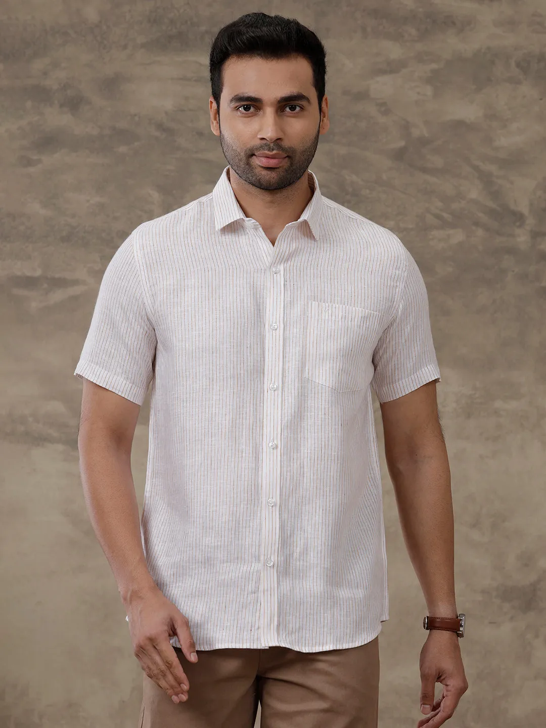 Men Pure Linen Striped Shirt White - LS60