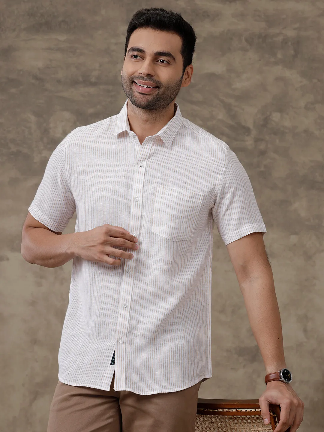 Men Pure Linen Striped Shirt White - LS60