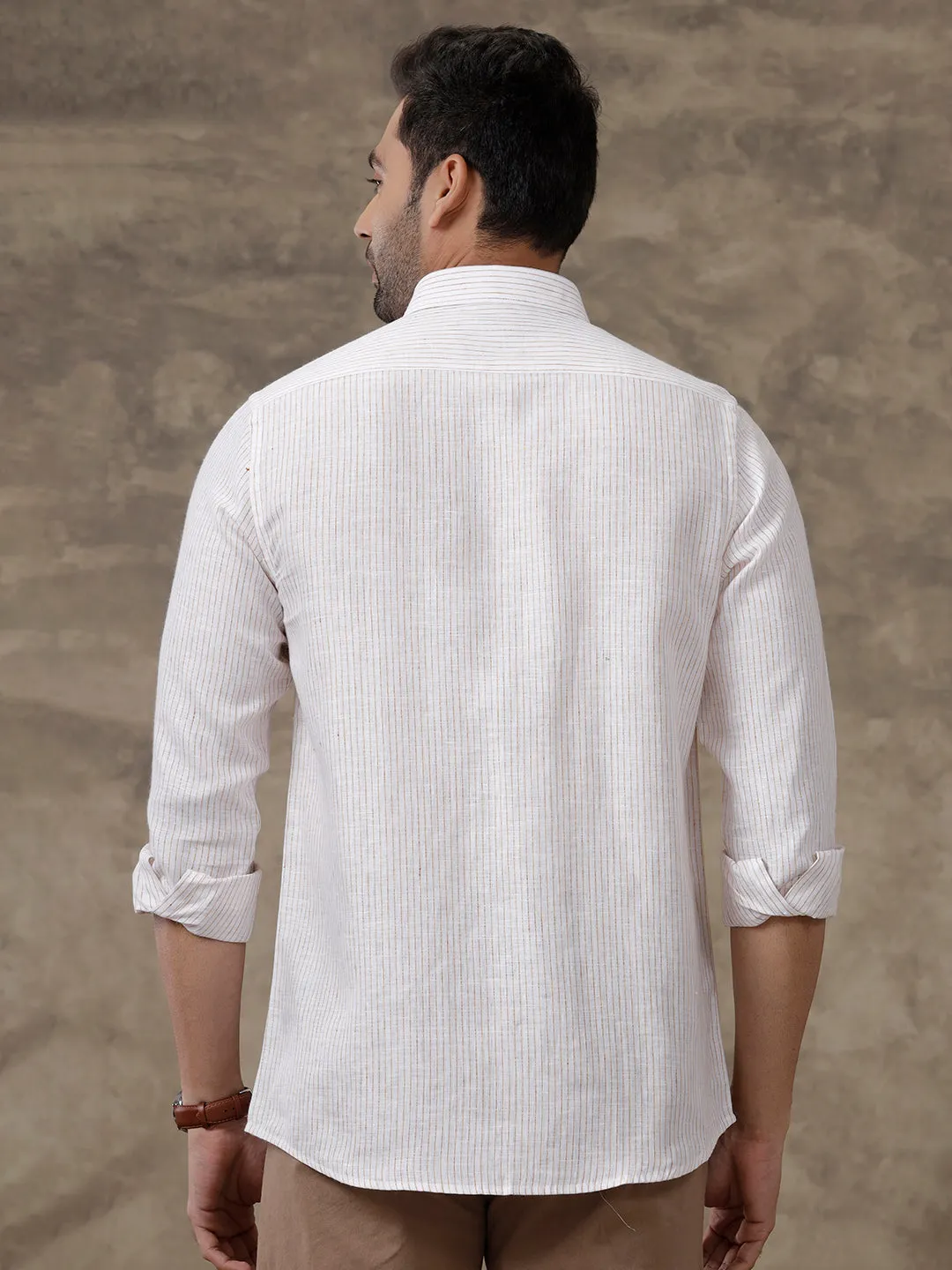 Men Pure Linen Striped Shirt White - LS60