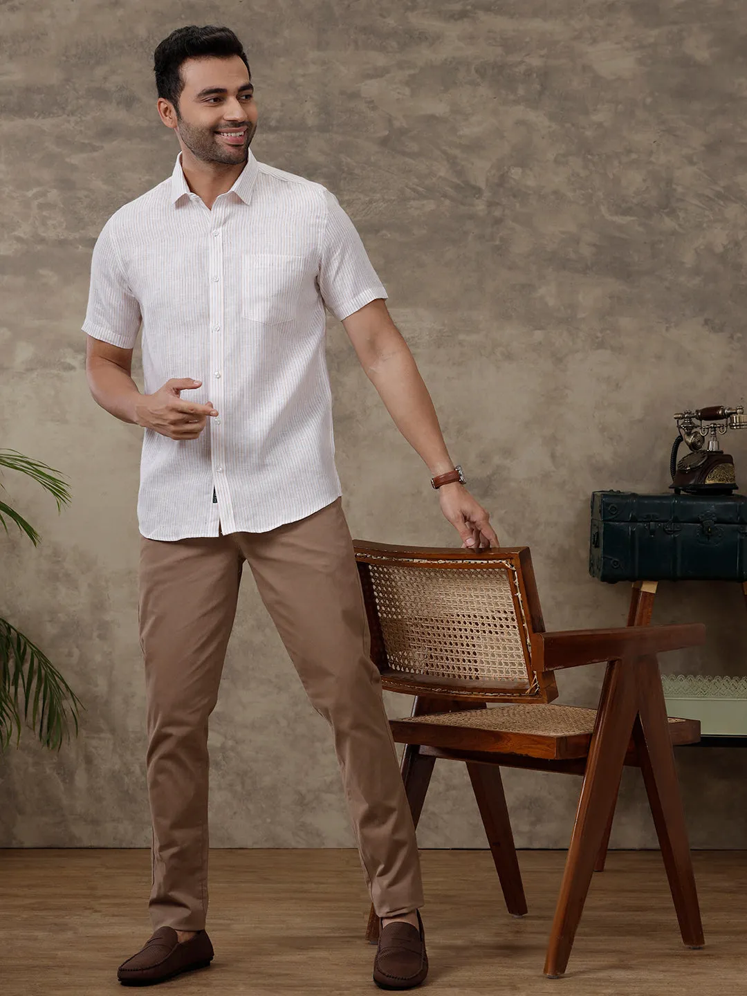 Men Pure Linen Striped Shirt White - LS60