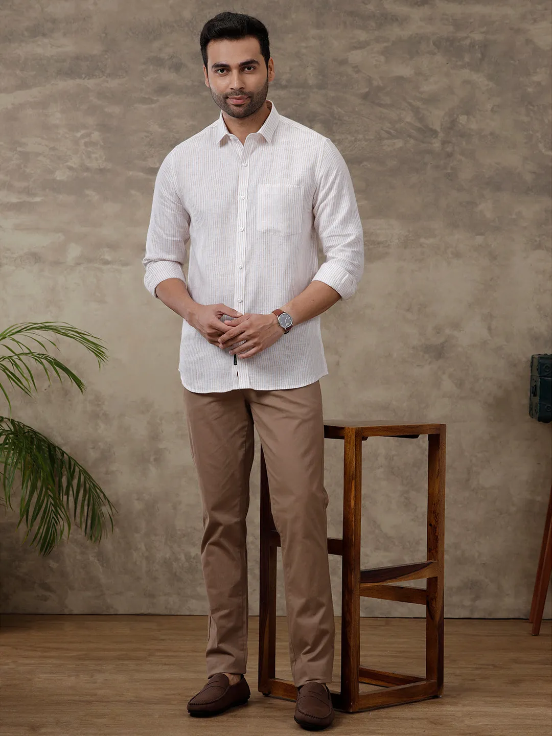 Men Pure Linen Striped Shirt White - LS60