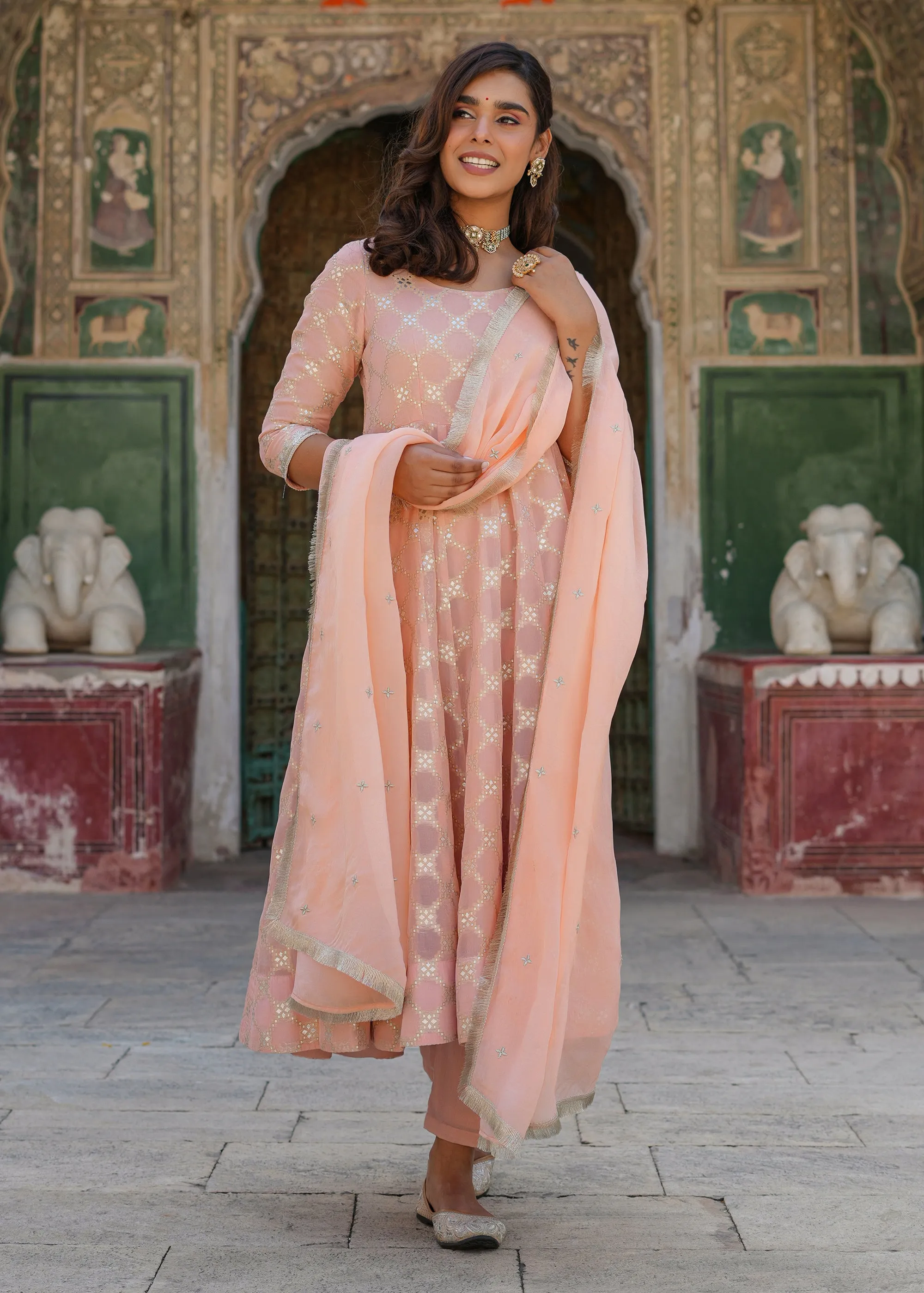 Mishti Peach Jacquard Anarkali Suit set with Dupatta