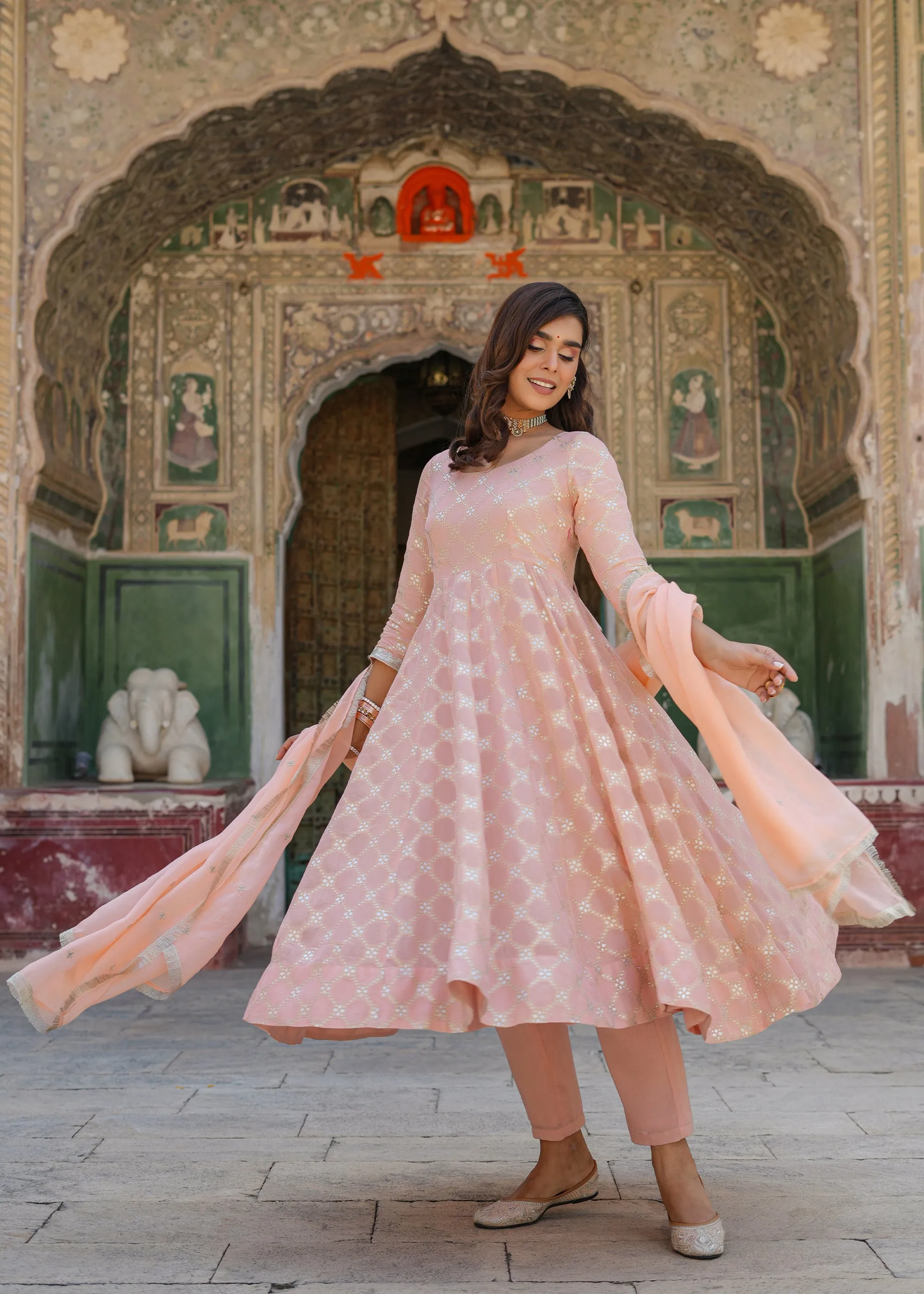 Mishti Peach Jacquard Anarkali Suit set with Dupatta