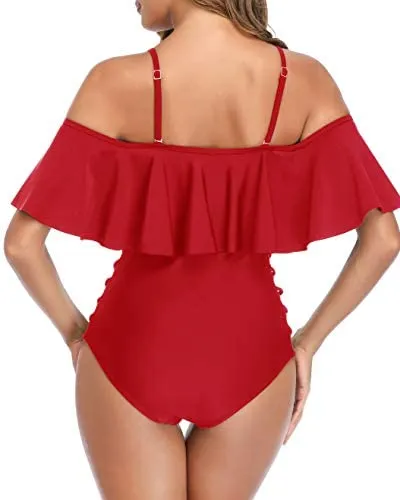 Off Shoulder Swimsuits With Tummy Control For Ladies-Red