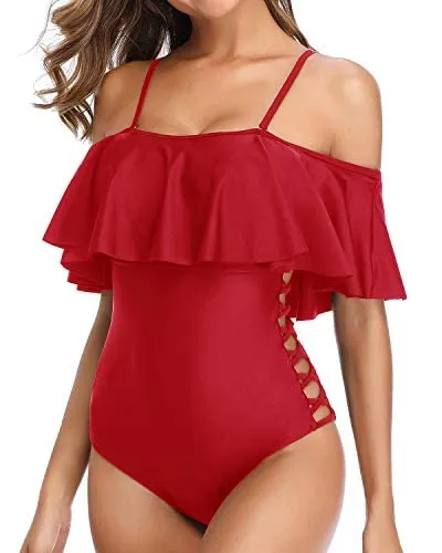 Off Shoulder Swimsuits With Tummy Control For Ladies-Red