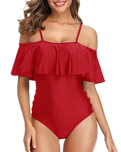 Off Shoulder Swimsuits With Tummy Control For Ladies-Red