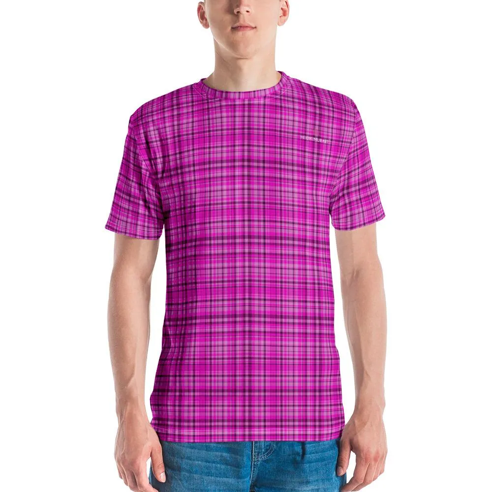 Pink Plaid Print Men's T-shirt, Scottish Bright Pink Plaid Tartan Printed Pattern Tee For Men-Made in USA/EU