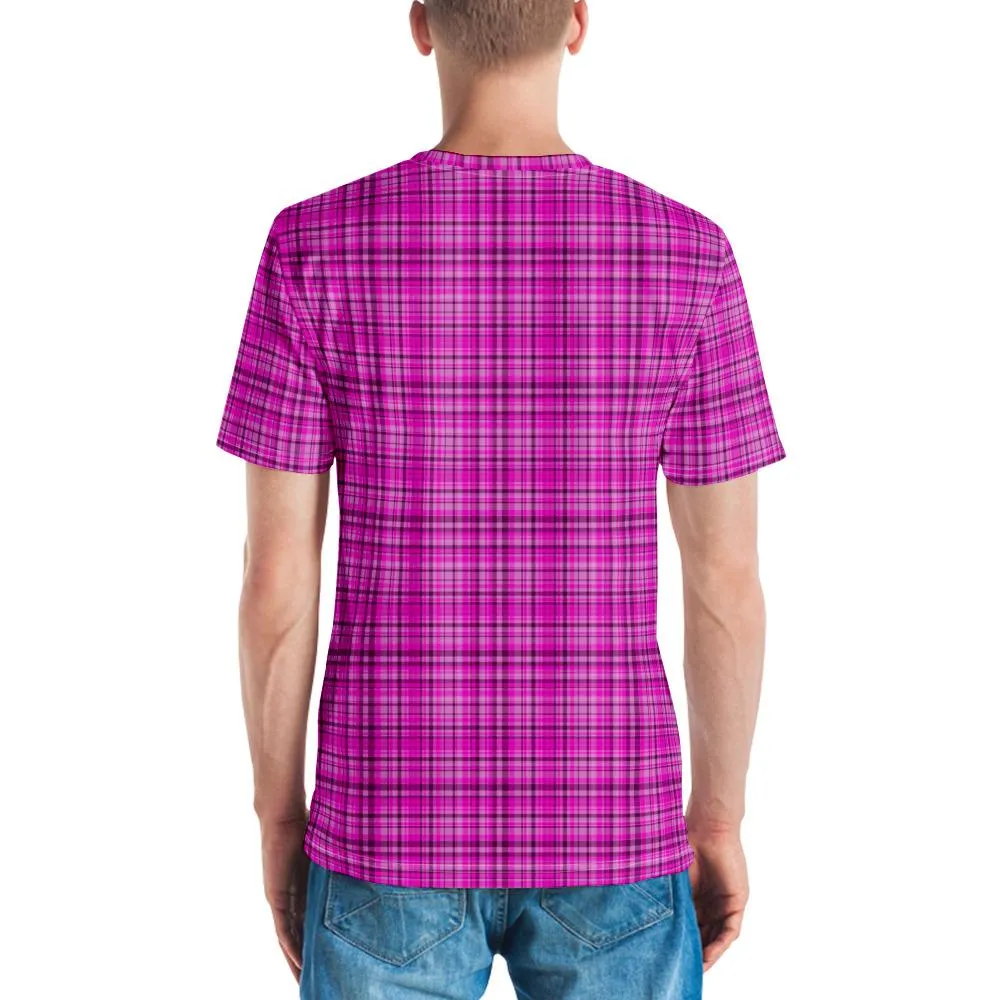 Pink Plaid Print Men's T-shirt, Scottish Bright Pink Plaid Tartan Printed Pattern Tee For Men-Made in USA/EU