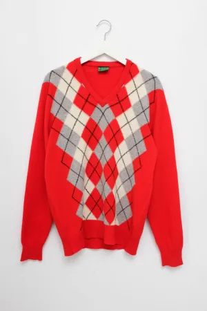 PURE WOOL ARGYLE RED VINTAGE V-KNIT