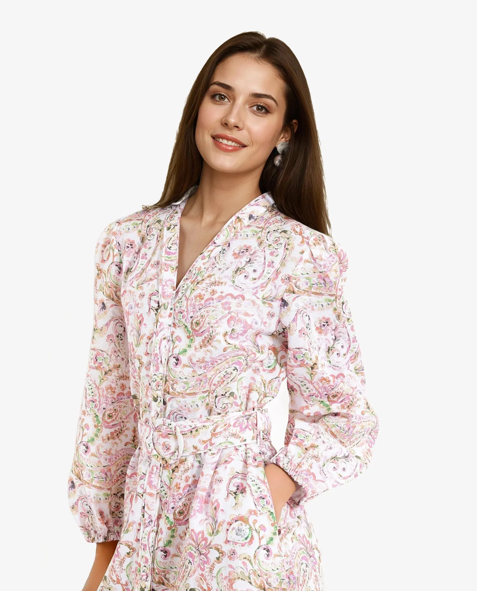 Rareism Women Koa Light Multi Cuffed Sleeve V-Neck A-Line Paisley Midi Dress