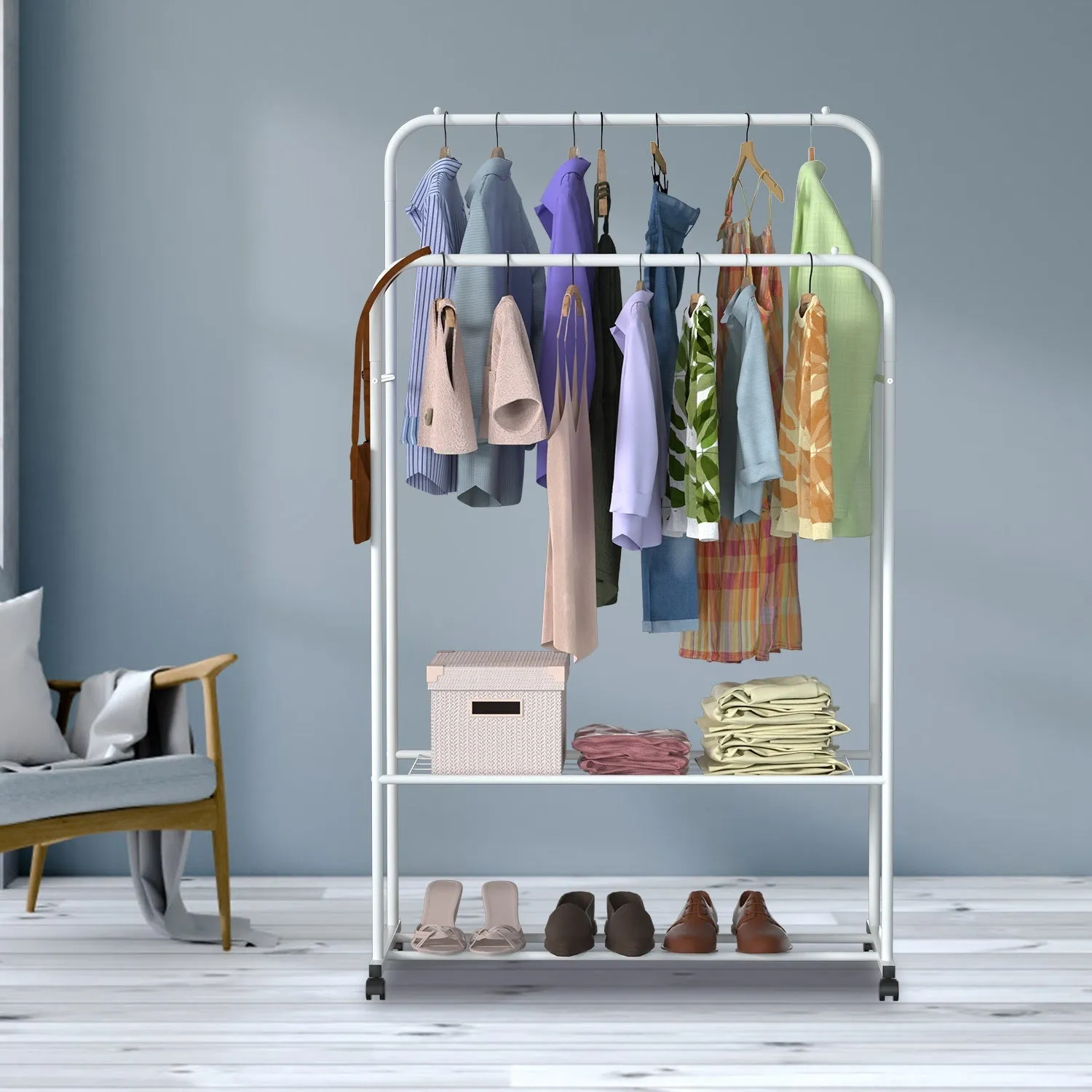 Rolling Garment Rack with Hanging Rail and Shoe Display - Clothes Organizer on Wheels