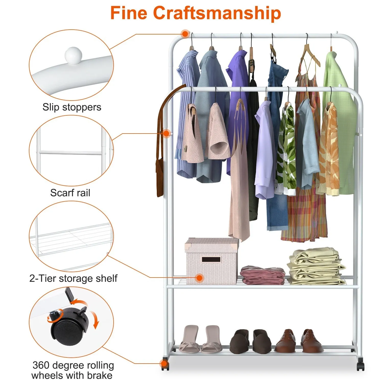 Rolling Garment Rack with Hanging Rail and Shoe Display - Clothes Organizer on Wheels