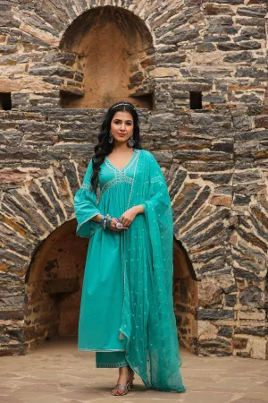 Rooh Green High Slit Gathered Gota Lace Kurta With Wide Leg Pant And Dupatta