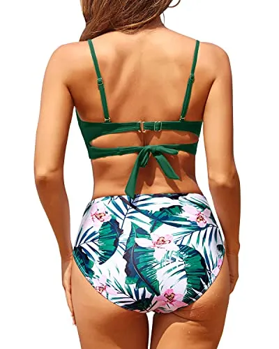 Ruched Two Piece High Waisted Bikini Set Tummy Control Bathing Suit-Green Tropical Floral