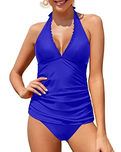 Ruffle V Neck Tankini Top With Bikini Bottoms Tankini Swimsuits-Royal Blue