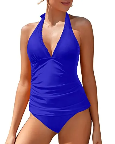 Ruffle V Neck Tankini Top With Bikini Bottoms Tankini Swimsuits-Royal Blue