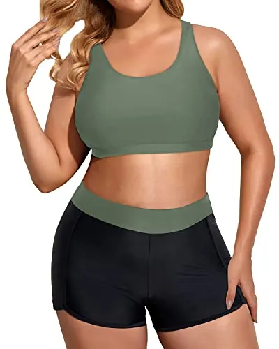 Scoop Neck Plus Size 3 Piece Tankini Set With Sports Bra & Boy Shorts For Women-Army Green And Black