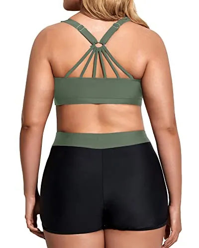 Scoop Neck Plus Size 3 Piece Tankini Set With Sports Bra & Boy Shorts For Women-Army Green And Black