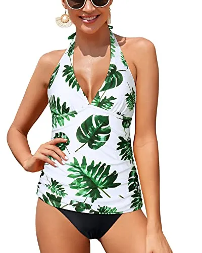 Sexy V Neck Halter Tankini Top For Women With Plump Breasts-White Leaf