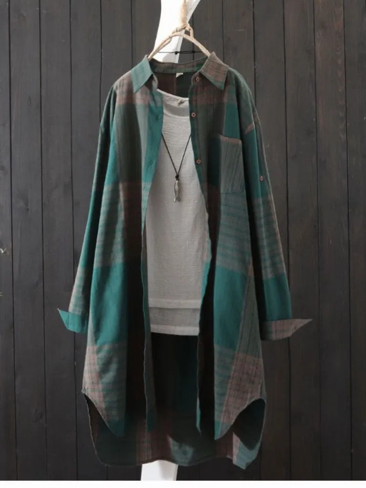 Spring Summer Striped Plaid Loose Long Blouses