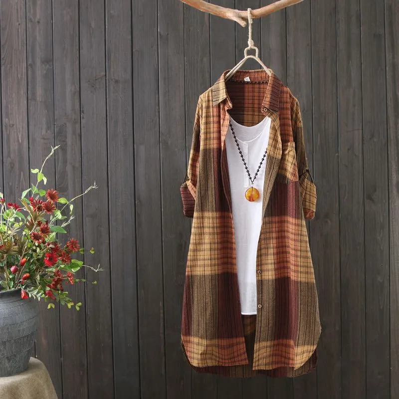 Spring Summer Striped Plaid Loose Long Blouses