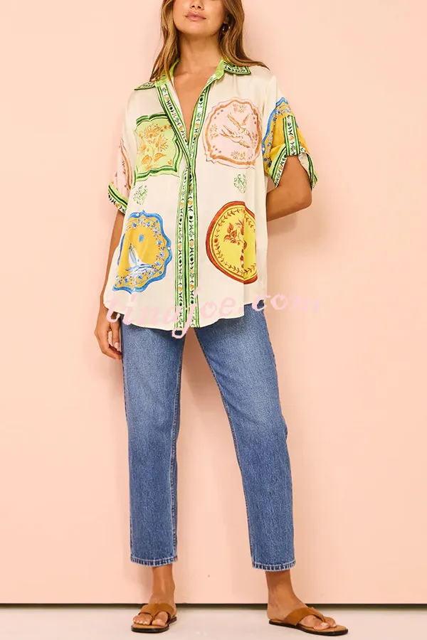 Tropical Escapes Satin Unique Print Shirt and Elastic Waist Pocketed Button Shorts Set