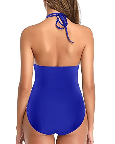 Tummy Control Women's One Piece Swimsuit Sexy Plunge V Neck Halter Bathing Suit-Royal Blue