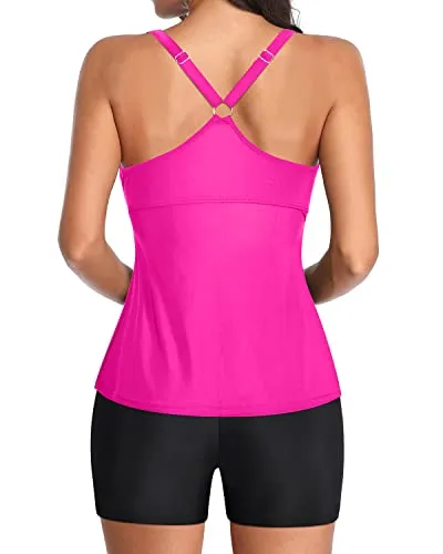 U Neck Swim Tank Top Athletic Tankini Swimsuits And Boyshorts Swimwear-Neon Pink And Black