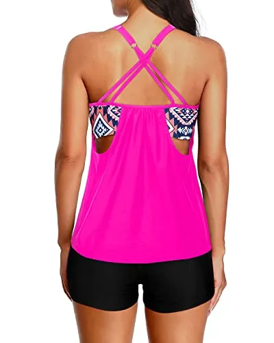 Women Athletic Tankini Boy Shorts Two Piece Tummy Control Swimsuits-Neon Pink