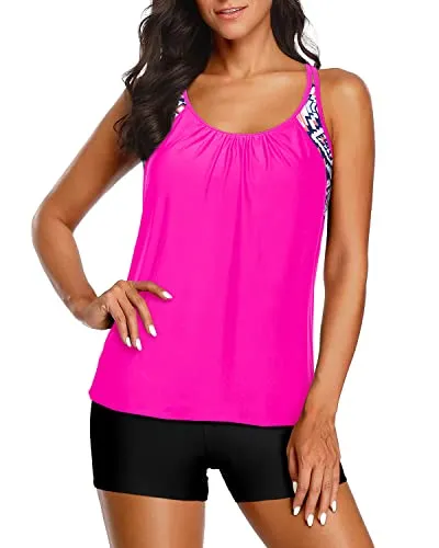 Women Athletic Tankini Boy Shorts Two Piece Tummy Control Swimsuits-Neon Pink