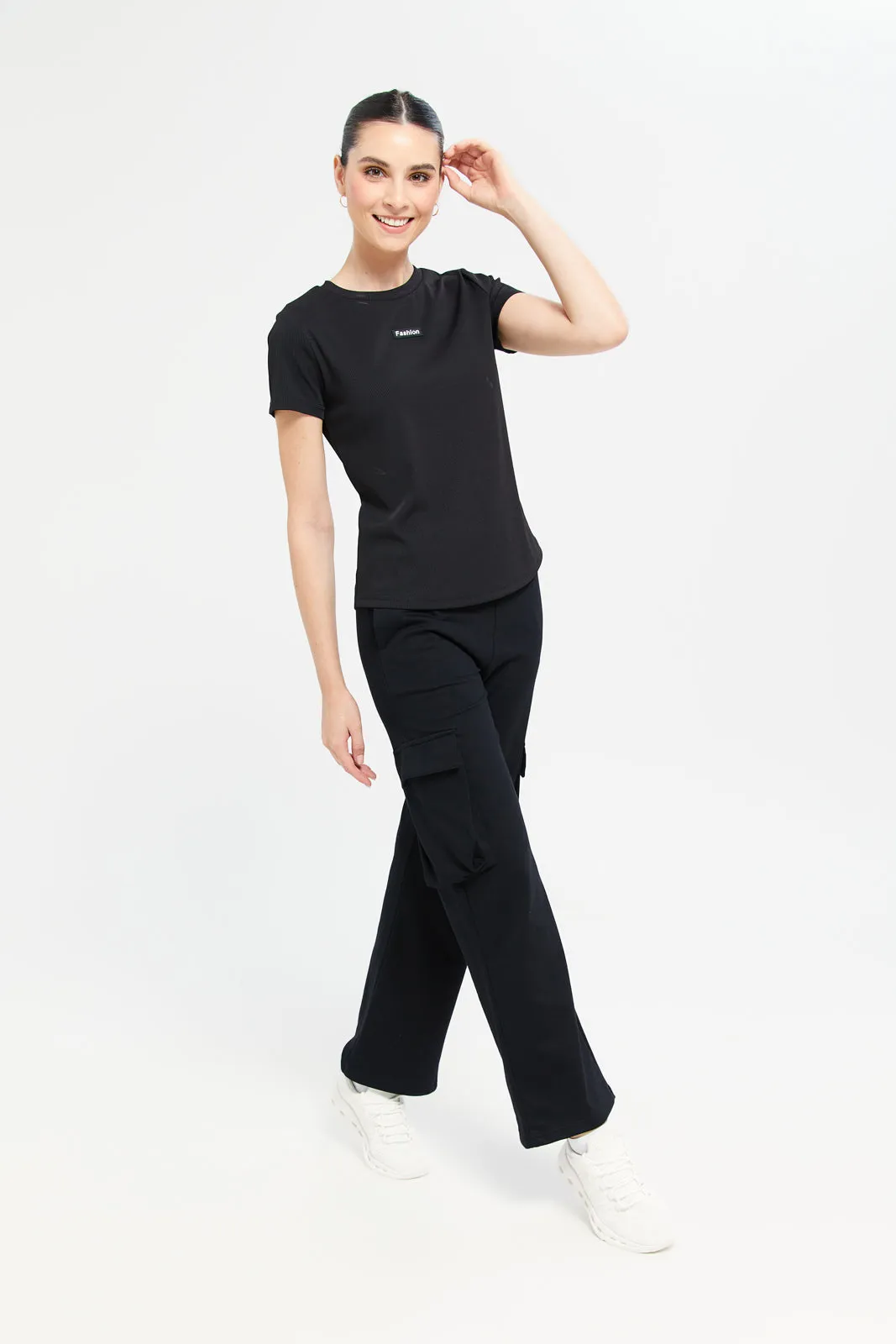 Women Black Plain Rib T- Shirt