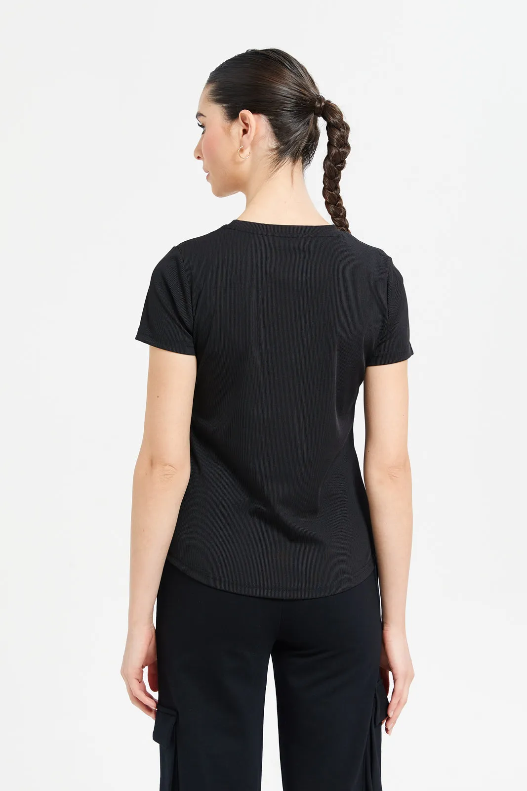 Women Black Plain Rib T- Shirt