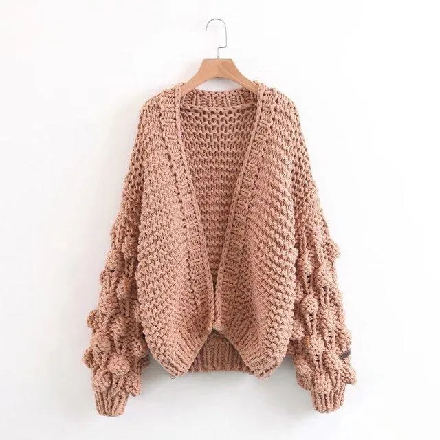 Women's balloon sleeve cardigan sweater fashion knit popcorn sweater