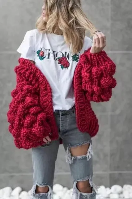 Women's balloon sleeve cardigan sweater fashion knit popcorn sweater