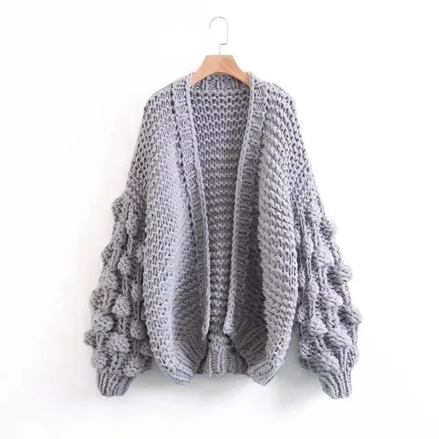 Women's balloon sleeve cardigan sweater fashion knit popcorn sweater