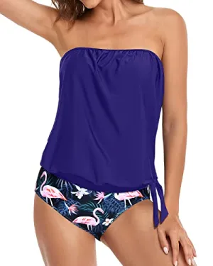 Womens Bandeau Tankini With Removable Straps-Blue Flamingo