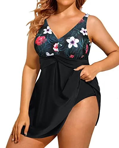 Women's Full Power Mesh Lining Plus Size One Piece Swimsuit-Black Floral