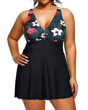 Women's Full Power Mesh Lining Plus Size One Piece Swimsuit-Black Floral