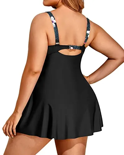 Women's Full Power Mesh Lining Plus Size One Piece Swimsuit-Black Floral