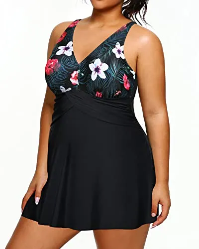 Women's Full Power Mesh Lining Plus Size One Piece Swimsuit-Black Floral