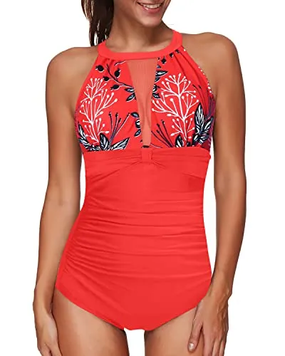 Women's Mesh High Neck One Piece Swimsuit With Tummy Control Swimwear-Red Floral