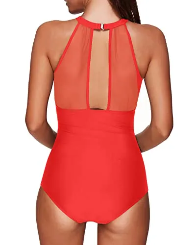 Women's Mesh High Neck One Piece Swimsuit With Tummy Control Swimwear-Red Floral